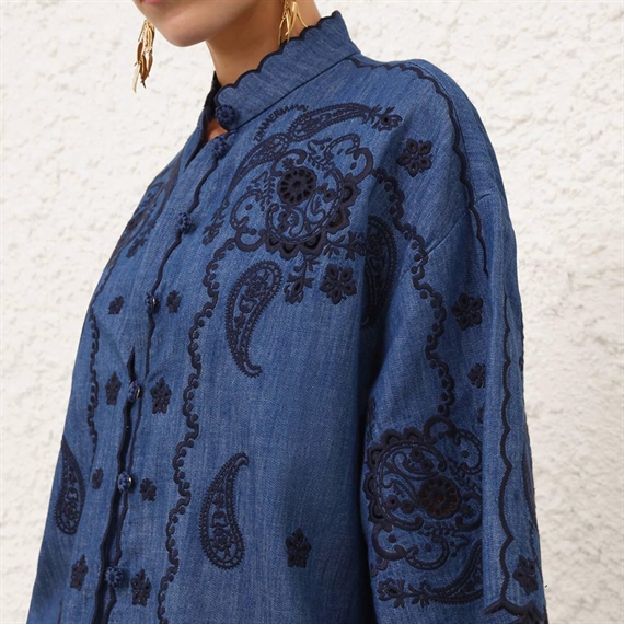 Zimmermann Aster Embroidered Denim Skjorte, Railway Blue